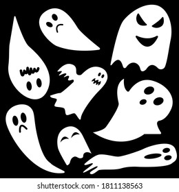 Hand drawn ink sketch. Simple children's drawing. Cartoon style. White ghosts on black background. Collection of characters. Halloween stickers. Scary and ugly creatures. For postcards and posters