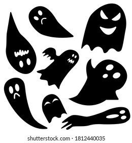 Hand drawn ink sketch. Simple children's drawing. Cartoon style. Black ghosts on white background. Collection of characters. Halloween stickers. Scary and ugly creatures. For postcards and posters