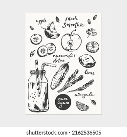 Hand drawn ink sketch of smoothie drink glass and recipe ingredients with friuts slices and vegetables. Apple, arugula leaves, cucumber, lime. Healthy lifestyle concept, superfood objects.
