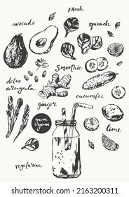 Hand drawn ink sketch of smoothie drink glass and recipe ingredients with fruits slices and vegetables. Avocado, arugula, spinach leaves, ginger, cucumber, lime. Healthy lifestyle concept.