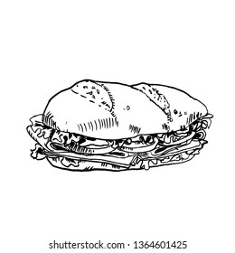 Hand Drawn In Ink Sketch Sub Sandwich. Vector Black And White Vintage Illustration. Isolated Object On White Background. Menu Design