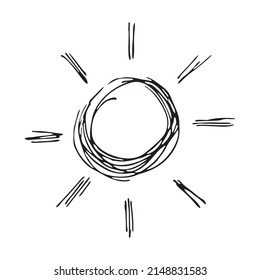 Hand drawn ink sketch of Sun doodle logo, icon, sign, emblem. Vector in cartoon doodle children's style. Element of design for print, clothes, greeting invitation card, cover, flyer, decoration