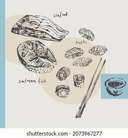 Hand drawn ink sketch of sushi, sashimi, rolls, soy sauce, salmon fish and chopsticks set. Asian food illustration for menu design, food background, japanese cuisine design.