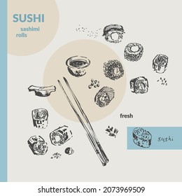 Hand drawn ink sketch of sushi, sashimi, rolls, soy sauce, sticks set. Asian food illustration for menu design, food background, japanese cuisine design.