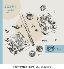 Hand drawn ink sketch of sushi, sashimi, rolls on board and in box, soy sauce, sticks set. Asian food illustration for menu design, food background, japanese cuisine design.