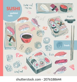 Hand drawn ink sketch of sushi, sashimi, rolls on board, in box, soy sauce, chopsticks  colorful set. Asian food illustration for menu design, food background, japanese cuisine design.