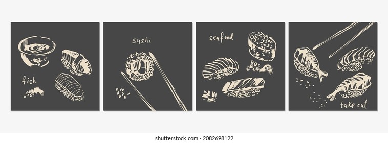 Hand drawn ink sketch of sushi, sashimi, rolls, soy sauce, sticks set. Asian food illustration for menu design, food background, japanese cuisine design.