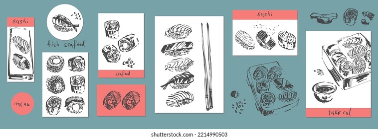 Hand drawn ink sketch of sushi, sashimi, rolls, soy sauce, sticks set. Asian food illustration for menu design, food background, japonese cuisine design.