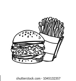 Hand Drawn Ink Sketch of Tasty Cheeseburger with a Pack of Salty French Fries on White Background