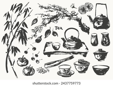 Hand drawn ink sketch of teapot, cups, bamboo, plum blossom, tray, leaves, scoop traditional japanese sumi-e style. Vector illustration for tearoom and tea ceremony background, menu design.