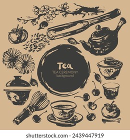 Hand drawn ink sketch of teapot, cups, whisk, leaves, fruits, scoop traditional asian style. Vector frame on craft background for tearoom and tea ceremony background, menu design.