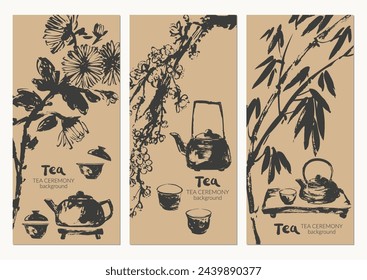 Dibujado a mano boceto de tinta de tetera, tazas, bambú, flor de ciruela, bandeja, hojas, cuchara estilo asiático tradicional. Fondo de banner de artesanía vectorial para salón de té y ceremonia de té, diseño de menú.