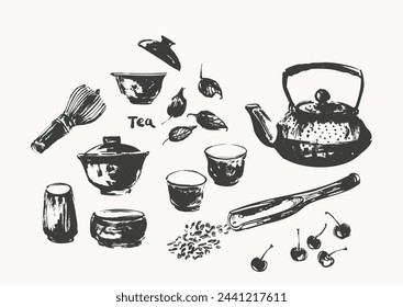 Hand drawn ink sketch of teapot, tea cups, scoop, whisk, leaves, cherries traditional japanese sumi-e style. Vector illustration for tearoom and tea ceremony background, menu design.