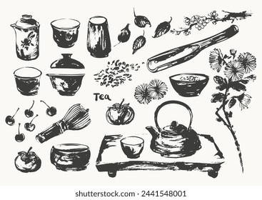 Hand drawn ink sketch of teapot, tea cups, tray, scoop, whisk, fruits, flowers traditional japanese sumi-e style. Vector illustration for tearoom and tea ceremony background, menu design.