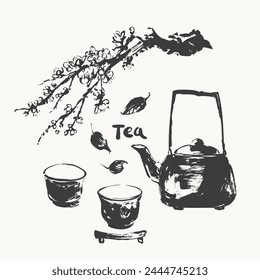 Handgezeichnete Tusche Skizze der Teekanne, Tassen, Pflaumenblüte, Blätter traditionellen asiatischen Stil. Vektorillustration für Teestube und Teezeremonie Hintergrund, Menügestaltung.