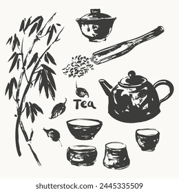 Hand drawn ink sketch of teapot, cups, bamboo, leaves, scoop traditional asian style. Vector illustration for tearoom and tea ceremony background, menu design.