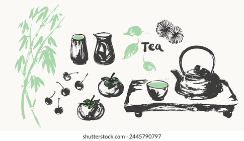 Hand drawn ink sketch of teapot, cups, bamboo, tray, leaves, fruits traditional asian style. Vector illustration for tearoom and tea ceremony background, menu design.