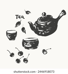 Hand drawn ink sketch of teapot, cups, cherry, leaves, scoop traditional asian style. Vector illustration for tearoom and tea ceremony background, menu design.