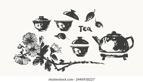 Hand drawn ink sketch of teapot, cups, chrysanthemum, leaves traditional asian style. Vector illustration for tearoom and tea ceremony background, menu design.