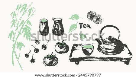 Hand drawn ink sketch of teapot, cups, bamboo, tray, leaves, fruits traditional asian style. Vector illustration for tearoom and tea ceremony background, menu design.