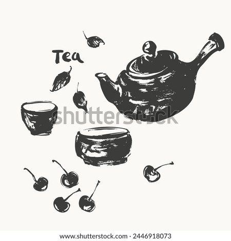 Hand drawn ink sketch of teapot, cups, cherry, leaves, scoop traditional asian style. Vector illustration for tearoom and tea ceremony background, menu design.