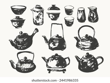 Hand drawn ink sketch of teapots, tea cups traditional asian style. Vector illustration for tearoom and tea ceremony background, menu design.