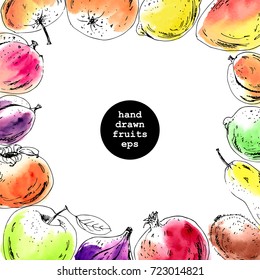 Hand drawn ink sketch and watercolor stain fruits background. Square frame with copyspace. Apple, orange, fig, pineapple, pear, mango, lime, plum, apricot, peach, kiwi, pomegranate, persimmon.