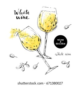 Hand drawn ink sketch of white wine glasses with yellow watercolor stains and grape berries. Illustration for food and drink background or package label.