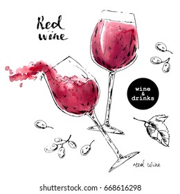 Hand drawn ink sketch of wine glasses with red watercolor stains and grape berries. Illustration for food and drink background or package label.