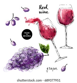 Hand drawn ink sketch of wine glasses with red watercolor stains and black grape cluster. Illustration for food and drink background or package label.