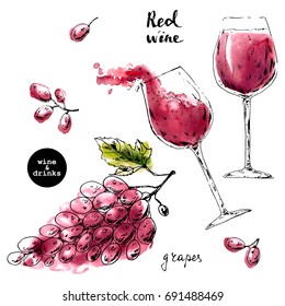Hand drawn ink sketch of wine glasses with red watercolor stains and grape berries. Illustration for food and drink background or package label.