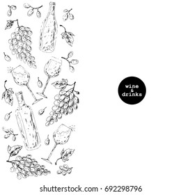 Hand drawn ink sketch wine background with vertical pattern of grapes, leaves, wine glasses and bottles. Vineyard, wine list or tasting flyer design.