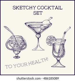 Hand drawn ink sketchy isolated on white cocktail set. Vector illustration