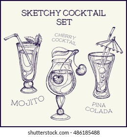 Hand drawn ink sketchy isolated on white cocktail set. Vector illustration