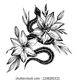 Hand drawn ink snake and lilies flowers, vector illustration. Snake silhouette illustration. Vector tattoo design. Graphic sketch for posters, tattoo, clothes, t-shirt design, pins, patches, stickers.