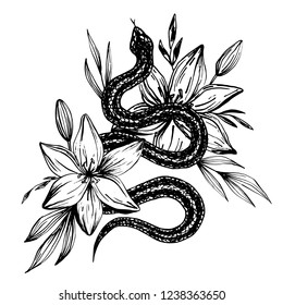 Hand drawn ink snake and lilies flowers, vector illustration. Snake silhouette illustration. Vector tattoo design. Graphic sketch for posters, tattoo, clothes, t-shirt design, pins, patches, stickers.