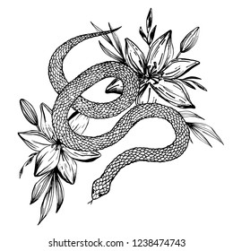 Hand drawn ink snake and lilies flowers, vector illustration. Snake silhouette illustration. Vector tattoo design. Graphic sketch for posters, tattoo, clothes, t-shirt design, pins, patches, stickers.