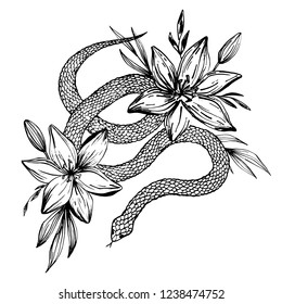 Hand drawn ink snake and lilies flowers, vector illustration. Snake silhouette illustration. Vector tattoo design. Graphic sketch for posters, tattoo, clothes, t-shirt design, pins, patches, stickers.