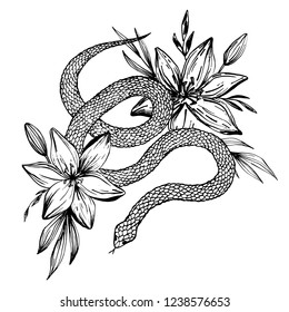 Hand drawn ink snake and lilies flowers, vector illustration. Snake silhouette illustration. Vector tattoo design. Graphic sketch for posters, tattoo, clothes, t-shirt design, pins, patches, stickers.