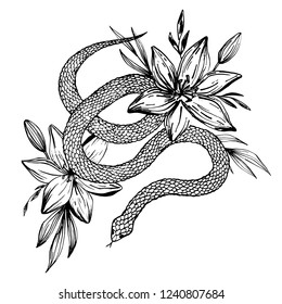 Hand drawn ink snake and lilies flowers, vector illustration. Snake silhouette illustration. Vector tattoo design. Graphic sketch for posters, tattoo, clothes, t-shirt design, pins, patches, stickers.