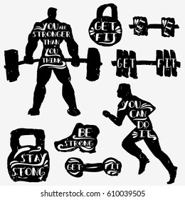 Hand drawn ink sport and fitness design elements. Sports equipment and athletes isolated on white. Vector