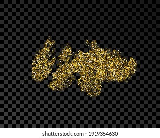 Hand drawn ink spot in gold glitter. Gold ink spot with sparkles isolated on dark transparent background. Vector illustration