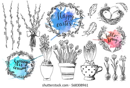 Hand drawn ink spring easter set with crocus, hyacinth flowers, eggs, nest, willow branches, wreath and watercolor splashes.