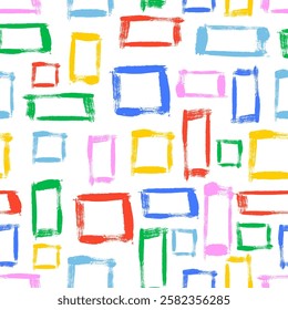 Hand drawn ink squares and rectangles seamless pattern. Trendy colorful doodles and brush marks. Simple abstract background. Great for textile, fabric, wallpaper, wrapping, scrapbook and packaging