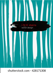 hand drawn ink stain on striped background . hand drawn black blots design elements. template for poster, book cover, brochure, flyer, notebook cover , banner, card, catalog . vector illustration