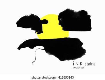 Hand drawn ink stains with yellow circle (induvidual objects). hand drawn black blots design elements. Vector illustration