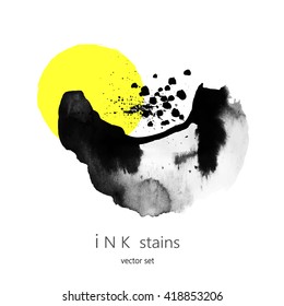 Hand drawn ink stains with yellow circle. hand drawn black blots design elements. template for poster, book cover, brochure, flyer, notebook cover , banner, card, catalog. vector illustartion