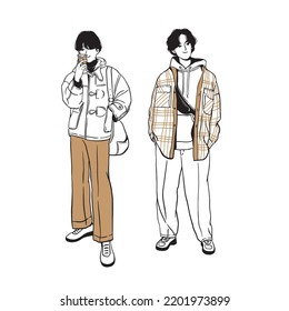 Hand drawn ink Street fashion look. young men dressed in stylish trendy oversized clothing. model various poses