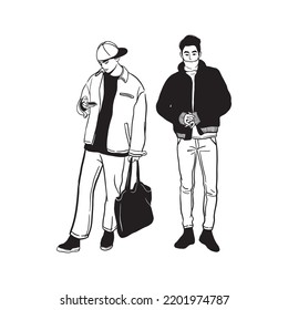 Hand drawn ink Street fashion look. young men dressed in stylish trendy oversized clothing. model various poses