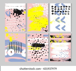 Hand drawn ink stroke textured card template set.Vector collection of black,white,yellow rose quartz and serenity colored artistic cards.Journal beautiful abstract posters.Hand Drawn textures.